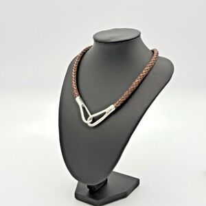 Ralph Lauren Braided Leather Necklace Silver Tone Double Hook Clasp Equestrian